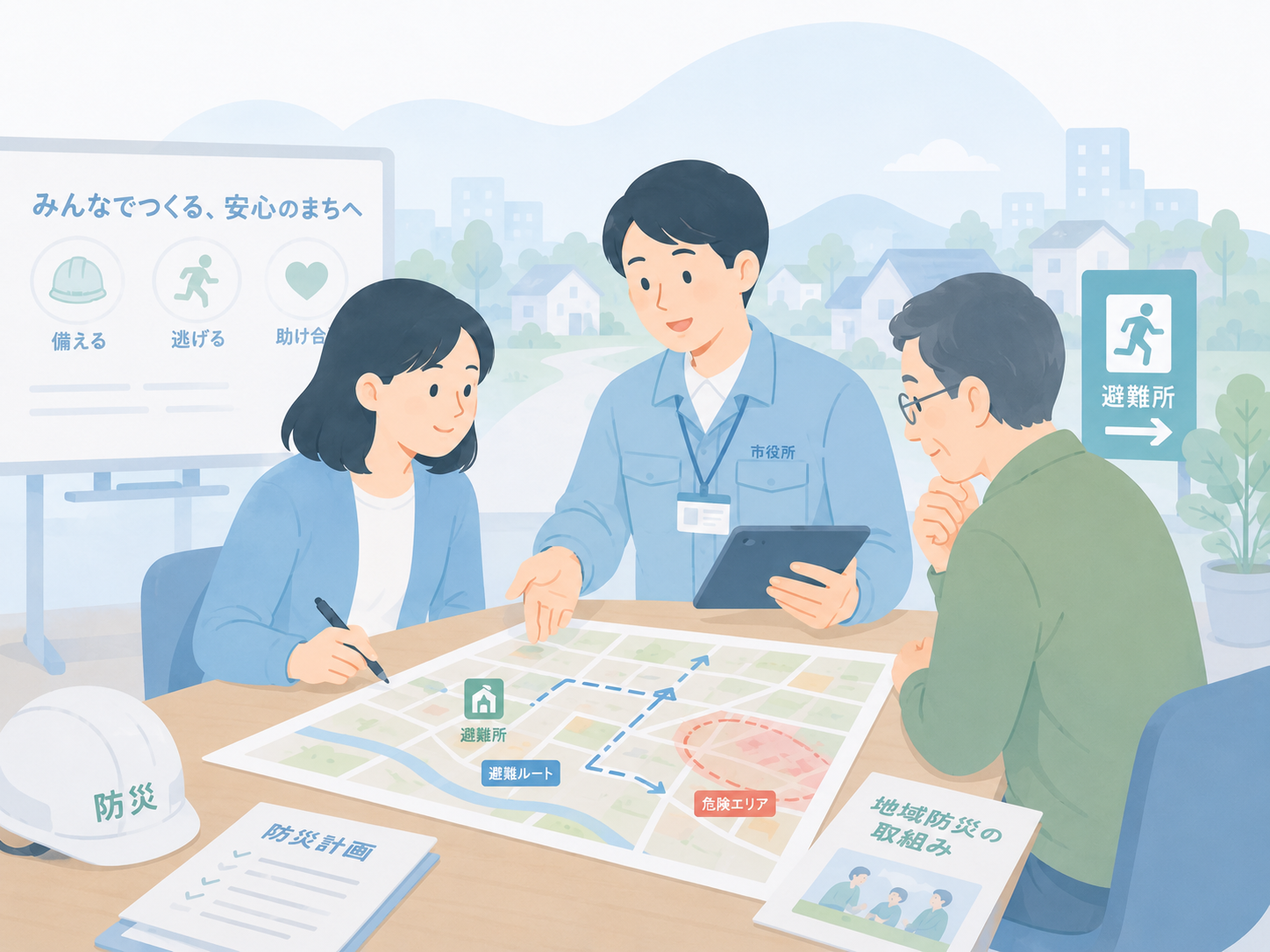 自治体や地域団体が防災について話し合う様子