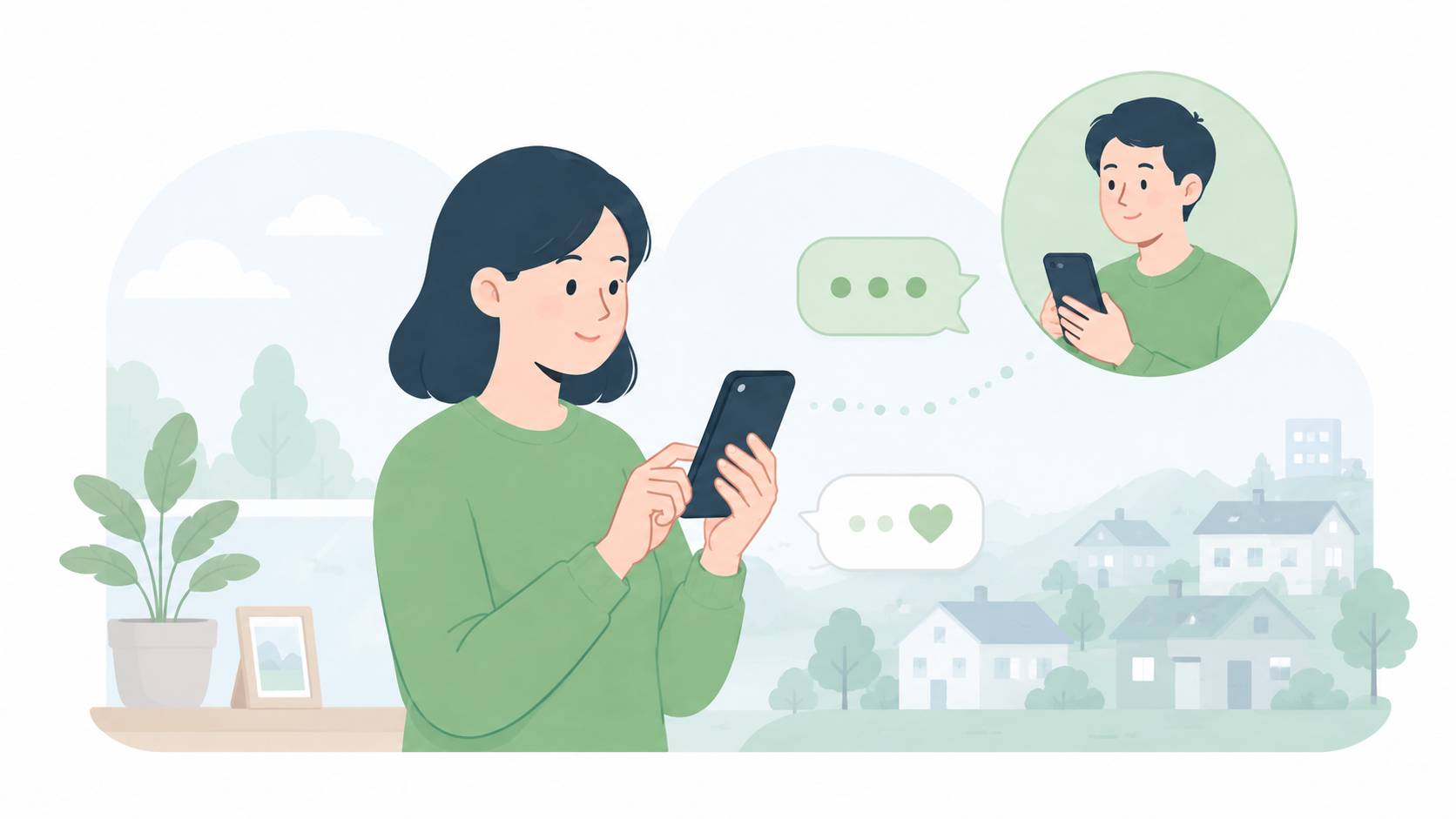 スマートフォンで家族と連絡を取る様子